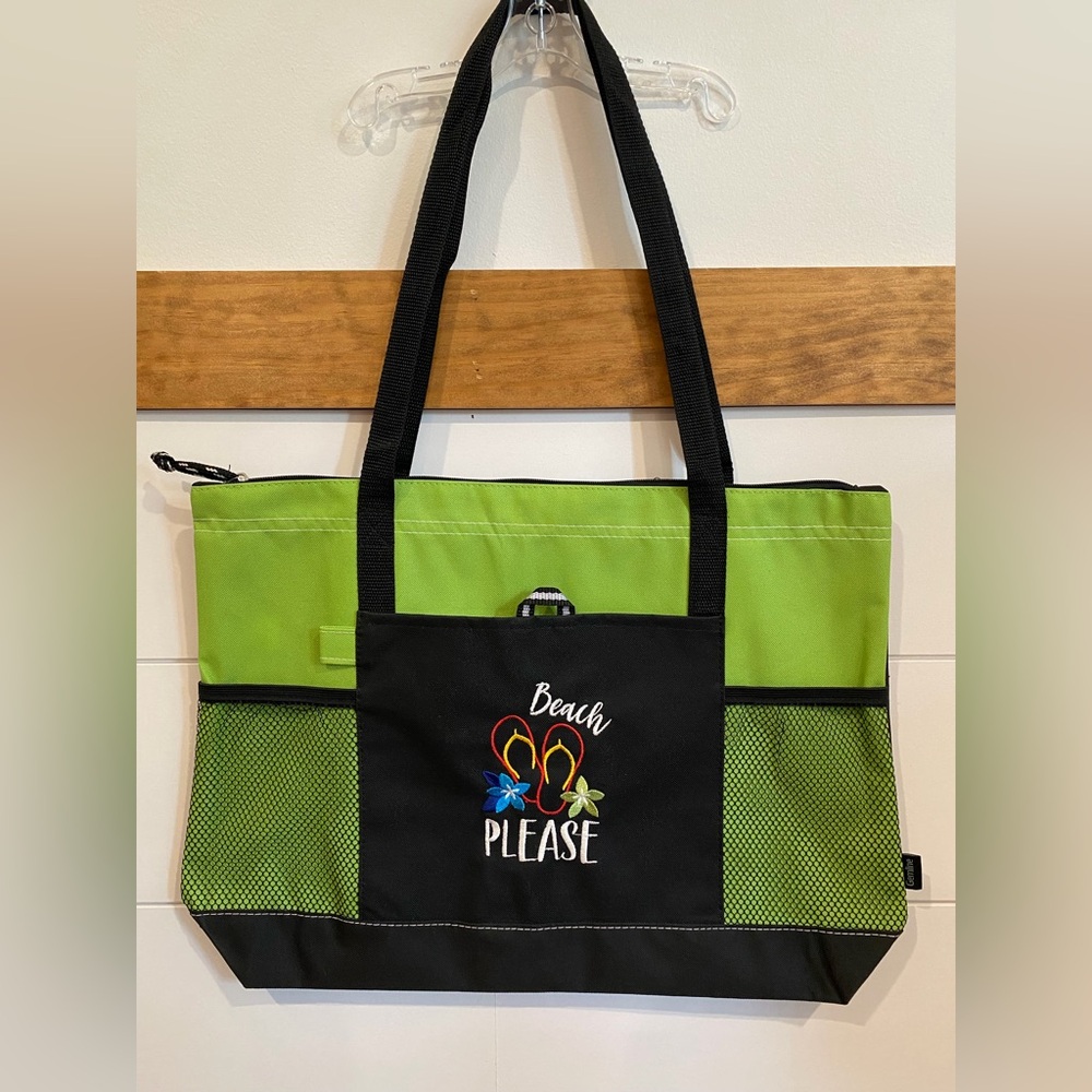 Custom Embroidered Vibrant Green and Black Beach Tote Bag